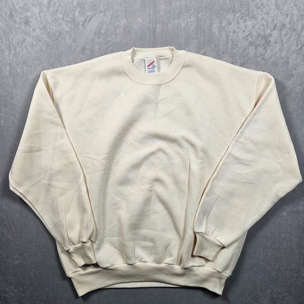 Vintage Jerzees Sweatshirt Mens XL Off-White Blank Crew Neck Fleece Lined USA